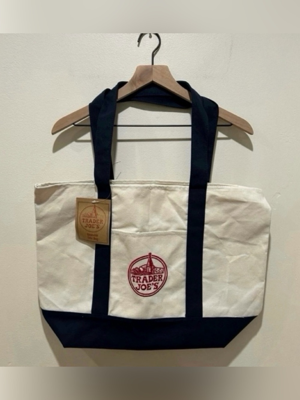 NWT Trader Joe's Reusable Canvas Tote Bag - White and Dark Blue with Red Logo